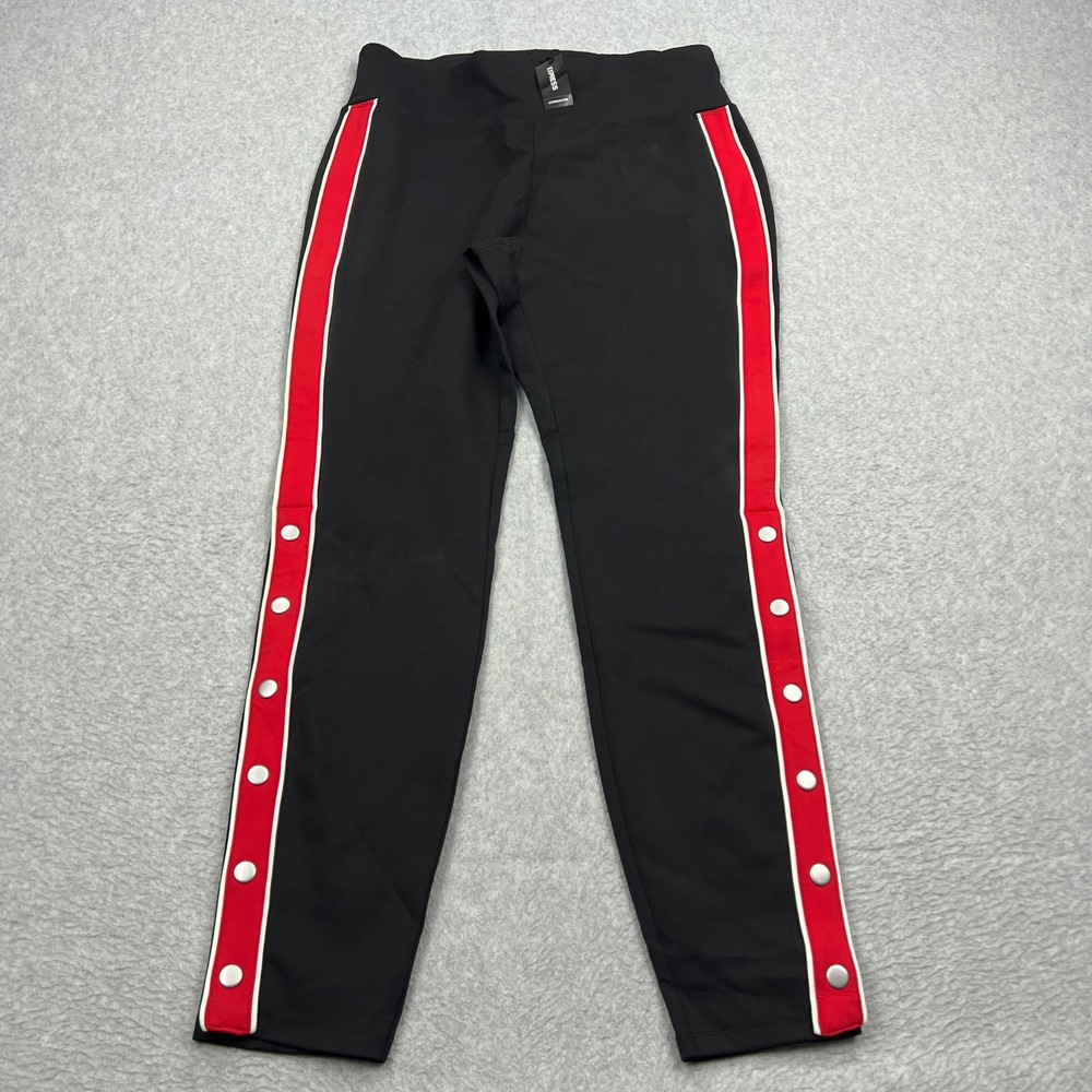 NEW Express Leggings Womens Large‎ Black Snap Button Side Stripe Stretch Pants